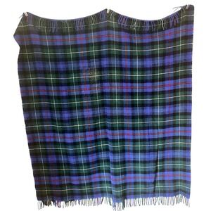 Vintage Scottish Clanwear Wool Tartan Blanket Throw Blue Green Plaid Fringe